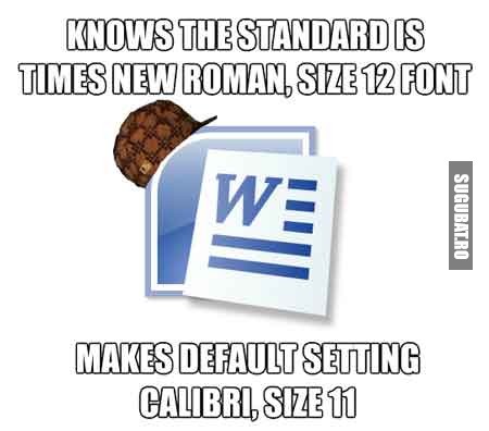 Standardul este Times New Roman 12, iar Word il seteaza default Calibri 11